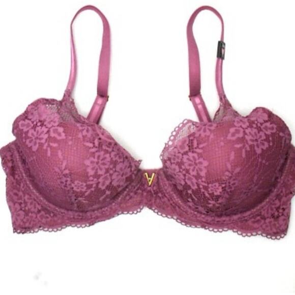 Victoria’s Secret Bra Size 36DD Pink Push-Up Plunge Lace Bra w/ Gold V Charm NWT - Picture 1 of 6